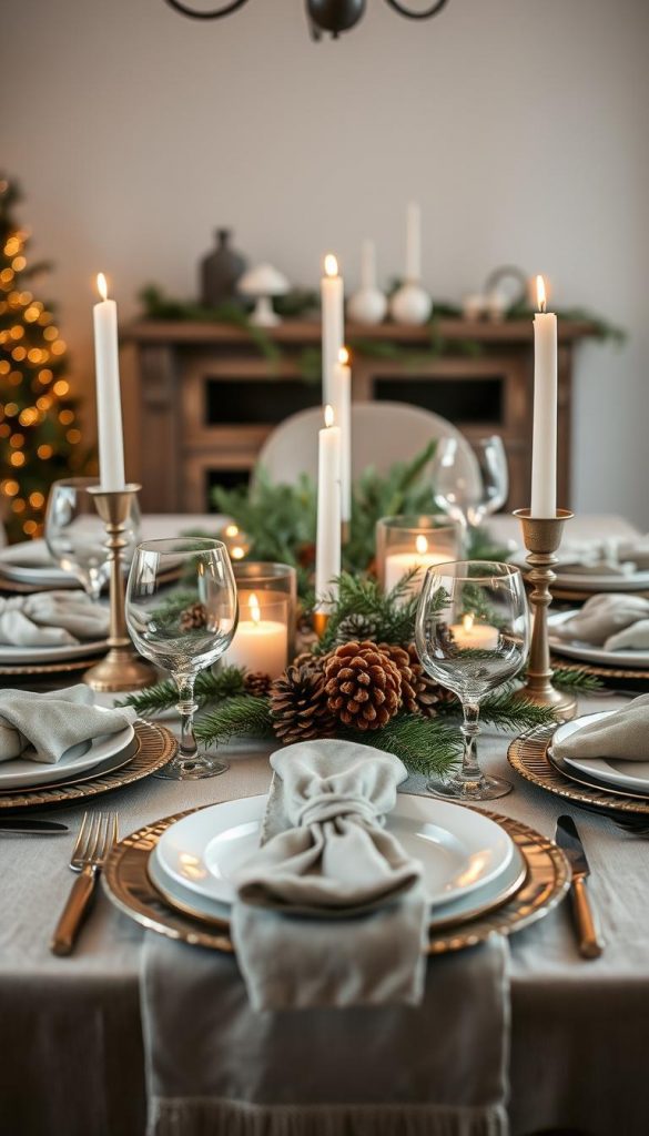 A cozy winter tablescape adorned with natural elements and a touch of rustic elegance. Centerpiece of pinecones, fresh evergreens, and the warm glow of flickering candlelight. Understated elegance with a KlickKiste vibe - neutral tones, textured linens, and a hint of shimmering metallics. Soft, diffused lighting casts a dreamy, inviting atmosphere. Captured with a wide-angle lens to showcase the full setting, emphasizing the cohesive, Pinterest-worthy design. This serene, inspirational scene sets the stage for a stylish, yet effortless winter celebration.
