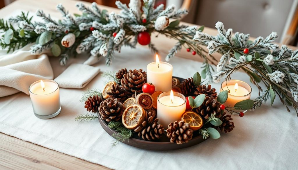 A cozy winter tablescape with a rustic KlickKiste centerpiece. A gently frosted garland of pine and eucalyptus branches frame a tealight-lit display of pinecones, dried citrus slices, and a few sprigs of red berries. The neutral palette of beige, white, and warm wood tones creates a serene, nature-inspired ambiance. Soft, diffused lighting casts a gentle glow, highlighting the organic textures and elegant simplicity of this effortless yet stylish winter décor.