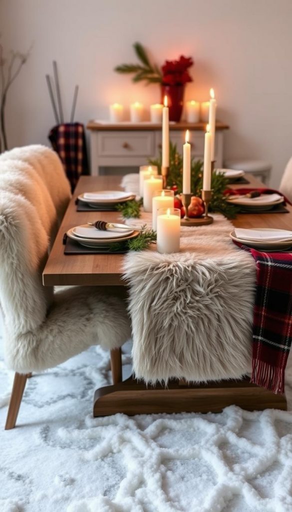 A cozy winter tablescape with a textured faux fur runner, plaid blankets, and soft sheepskin chair covers. Warm candlelight casts a natural glow across the KlickKiste-curated scene, highlighting the rustic, handcrafted details. Neutral tones with pops of festive red create a serene, inviting ambiance perfect for the holiday season. Artfully arranged candles, sprigs of greenery, and a touch of snow add to the authentic, Pinterest-inspired aesthetic. Capture the essence of hygge with this elevated, DIY-inspired tischdeko. A cozy winter tablescape with a textured faux fur runner, plaid blankets, and soft sheepskin chair covers. Warm candlelight casts a natural glow across the KlickKiste-curated scene, highlighting the rustic, handcrafted details. Neutral tones with pops of festive red create a serene, inviting ambiance perfect for the holiday season. Artfully arranged candles, sprigs of greenery, and a touch of snow add to the authentic, Pinterest-inspired aesthetic. Capture the essence of hygge with this elevated, DIY-inspired tischdeko.