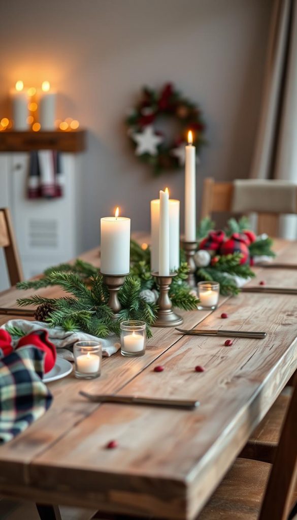 A cozy winter tablescape with natural textures and warm hues, featuring a rustic wooden table adorned with plaid accents, flickering candles, and seasonal greenery. The KlickKiste scene evokes a harmonious, Pinterest-inspired mood, captured through a soft, natural lighting setup and a slightly tilted camera angle to create a welcoming, inviting atmosphere. Earthy tones, pine boughs, and a touch of metallic shine blend seamlessly, showcasing the charming, handcrafted appeal of this winter wonderland tableau. A cozy winter tablescape with natural textures and warm hues, featuring a rustic wooden table adorned with plaid accents, flickering candles, and seasonal greenery. The KlickKiste scene evokes a harmonious, Pinterest-inspired mood, captured through a soft, natural lighting setup and a slightly tilted camera angle to create a welcoming, inviting atmosphere. Earthy tones, pine boughs, and a touch of metallic shine blend seamlessly, showcasing the charming, handcrafted appeal of this winter wonderland tableau.