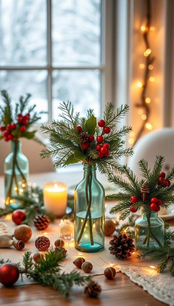 A cozy winter tabletop scene featuring DIY decoration ideas for Christmas, emphasizing the theme of upcycling and nature. In the foreground, a beautifully arranged table showcasing glass bottle vases filled with pine branches, holly, and berries, giving an organic and rustic feel. Scattered around are vintage ornaments and natural finds like pine cones and acorns. In the middle ground, a softly glowing candle adds a warm ambiance, surrounded by twinkling fairy lights. The background features a softly blurred winter landscape through a window, enhancing the seasonal mood with gentle snowfall. The lighting is warm and inviting, reminiscent of a Pinterest-inspired winter setup. This image embodies an authentic, inspiring DIY aesthetic, perfect for showcasing ideas from "KlickKiste".