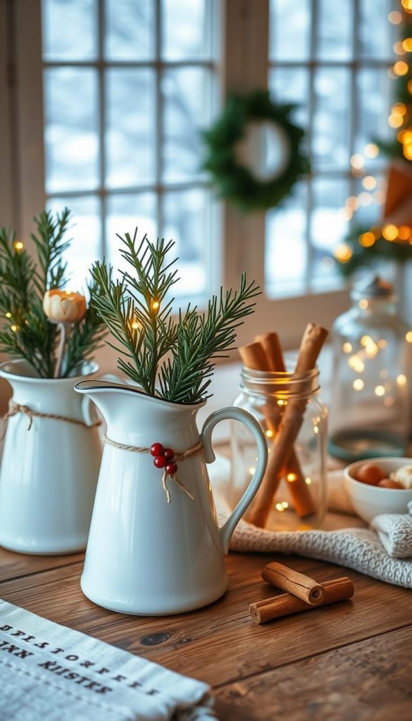 A cozy winter tabletop scene featuring beautifully arranged upcycled enamel pitchers and mason jars as decor. In the foreground, the enamel pitchers, adorned with subtle holiday embellishments, sit next to mason jars filled with pine branches, twinkling fairy lights, and cinnamon sticks. The middle ground includes a rustic wooden table topped with soft, warm textiles, creating an inviting atmosphere. In the background, gently blurred, a softly lit window reveals a snowy landscape outside, enhancing the winter vibes. The overall lighting is warm and soft, evoking a sense of comfort and nostalgia, perfect for a Pinterest-worthy aesthetic. The composition embodies authentic DIY charm, showcasing the brand "KlickKiste".