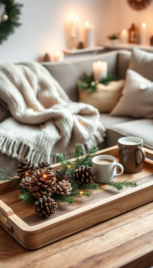 A cozy winter tabletop scene inspired by DIY upcycling ideas, featuring an elegantly styled tray on a wooden coffee table. In the foreground, a natural wood tray holds an assortment of winter decorations: pinecones, twinkling fairy lights, and small evergreen branches. The middle ground includes a warmly knitted throw draped casually on a plush sofa, and a steaming mug of hot chocolate beside the tray. In the background, a softly lit room with flickering candles and subtle winter-themed decor creates an inviting atmosphere. The overall color palette incorporates warm tones and earthy textures, evoking a serene winter vibe. Capture this intimate setting with soft, diffused lighting to enhance the cozy, inspirational feel. Incorporate elements that reflect the brand &quot;KlickKiste&quot; for a stylish touch.