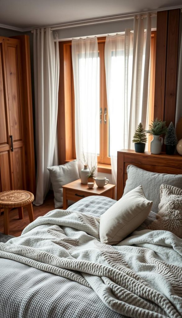 A cozy winter-themed bedroom, featuring soft color tones like light grays, pastel blues, and subtle greens. The foreground includes a plush bed adorned with textured blankets and a variety of cushions, alongside a wooden bedside table holding a warm cup of tea. In the middle, rich wooden elements such as a headboard and flooring create a warm atmosphere, enhancing the feeling of natural warmth. The background shows softly lit windows draped with sheer curtains, allowing gentle natural light to filter in, creating a serene ambiance. Add subtle accents of metallic glimmer from decorative elements without overpowering the natural feel. Convey a peaceful and inviting mood, capturing the essence of "KlickKiste" with an authentic, Pinterest-worthy aesthetic that inspires comfort and relaxation in a winter setting.