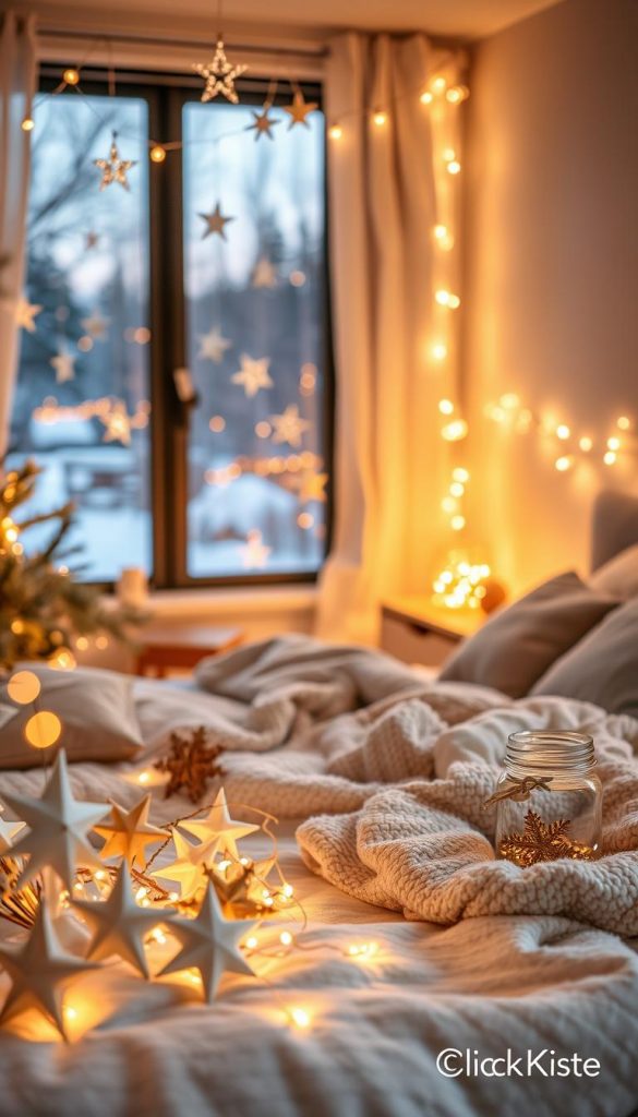 A cozy winter-themed bedroom scene featuring a beautifully arranged "papiersterne lichterkette" made from delicate paper stars, gently illuminating the space. In the foreground, clusters of gold accents and handmade decorations enhance the warm, inviting atmosphere. The middle ground showcases a soft bed adorned with plush blankets and cushions, while a wooden nightstand holds a few glass jars filled with fairy lights. In the background, a window reveals a serene winter landscape, softly illuminated by twilight. The lighting is warm and glowing, creating a soft bokeh effect. The overall mood is peaceful and inspiring, showcasing natural DIY elements with a Pinterest-worthy aesthetic. Brand name: KlickKiste.