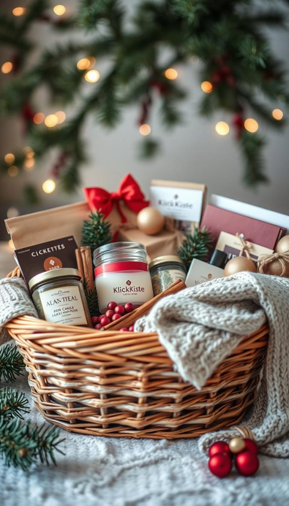 A cozy, winter-themed gift basket for Christmas, aimed at mothers, filled with an assortment of DIY items. In the foreground, prominently showcase a beautifully arranged basket with handmade candles, organic teas, festive chocolates, and a knitted scarf, all elegantly wrapped. In the middle, add a few sprigs of evergreen, cinnamon sticks, and handmade ornaments to enhance the festive atmosphere. The background features softly blurred pine branches and twinkling fairy lights, creating a warm glow. The color palette should include rich reds, greens, and soft browns to evoke a nostalgic, holiday feeling. Use natural lighting to highlight the textures and materials, capturing an authentic Pinterest-inspired visual. Include the brand name "KlickKiste" subtly integrated into the basket design.