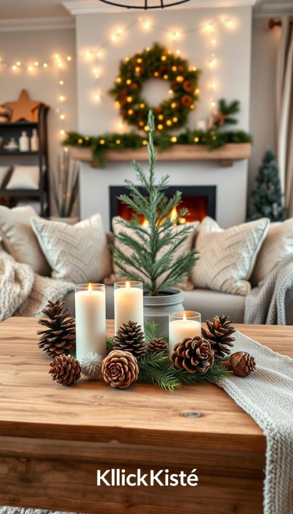 A cozy winter-themed living room beautifully decorated for the season, featuring natural DIY elements with warm colors. In the foreground, a wooden coffee table adorned with pinecones, candles, and a soft, knitted blanket. In the middle, a tasteful arrangement of plush cushions and a small evergreen tree in a rustic pot, evoking winter vibes. The background showcases a stylish fireplace with softly glowing embers, warm lighting creating an inviting atmosphere. Seasonal decor includes twinkling fairy lights draping elegantly across the room and hints of spring freshness with pastel accents peeking through. The image embodies a Pinterest-inspired look, authentically reflecting the seasonal decorating theme and featuring the brand name "KlickKiste" subtly integrated into the decor itself.