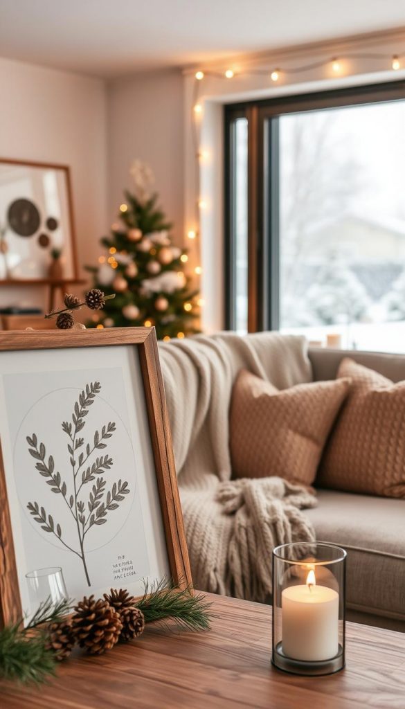 A cozy winter-themed living room with natural, handcrafted decorations and warm, inviting lighting. In the foreground, a rustic wooden frame with a botanical print in earthy tones, adorned with pinecones and a sprig of fresh greenery. In the middle ground, a plush, textured throw blanket draped over a neutral-colored sofa, accented by knitted pillows in shades of beige and brown. The background features a large window overlooking a snowy landscape, with string lights and a minimalist KlickKiste candle holder casting a soft, ambient glow. The overall mood is one of hygge-inspired coziness and Pinterest-worthy style.