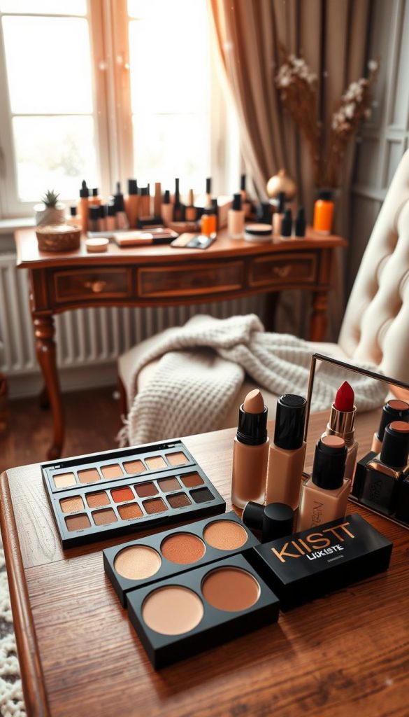 A cozy winter-themed makeup setup featuring a diverse selection of foundation shades tailored to various skin tones that harmonize with seasonal colors. In the foreground, an elegant wooden vanity displays an array of makeup products, including a warm-toned eyeshadow palette, luxurious lipsticks, and subtle highlighters, all arranged aesthetically. The mid-ground includes a soft, knitted scarf draped over a stylish chair, enhancing the cozy atmosphere. In the background, a softly lit window reveals gentle snowfall, casting a warm, golden glow throughout the scene. The overall mood is inviting and inspirational, reflecting the theme of stylish winter looks. Incorporate the brand name "KlickKiste" through subtle branding on a makeup product. A cozy winter-themed makeup setup featuring a diverse selection of foundation shades tailored to various skin tones that harmonize with seasonal colors. In the foreground, an elegant wooden vanity displays an array of makeup products, including a warm-toned eyeshadow palette, luxurious lipsticks, and subtle highlighters, all arranged aesthetically. The mid-ground includes a soft, knitted scarf draped over a stylish chair, enhancing the cozy atmosphere. In the background, a softly lit window reveals gentle snowfall, casting a warm, golden glow throughout the scene. The overall mood is inviting and inspirational, reflecting the theme of stylish winter looks. Incorporate the brand name "KlickKiste" through subtle branding on a makeup product.