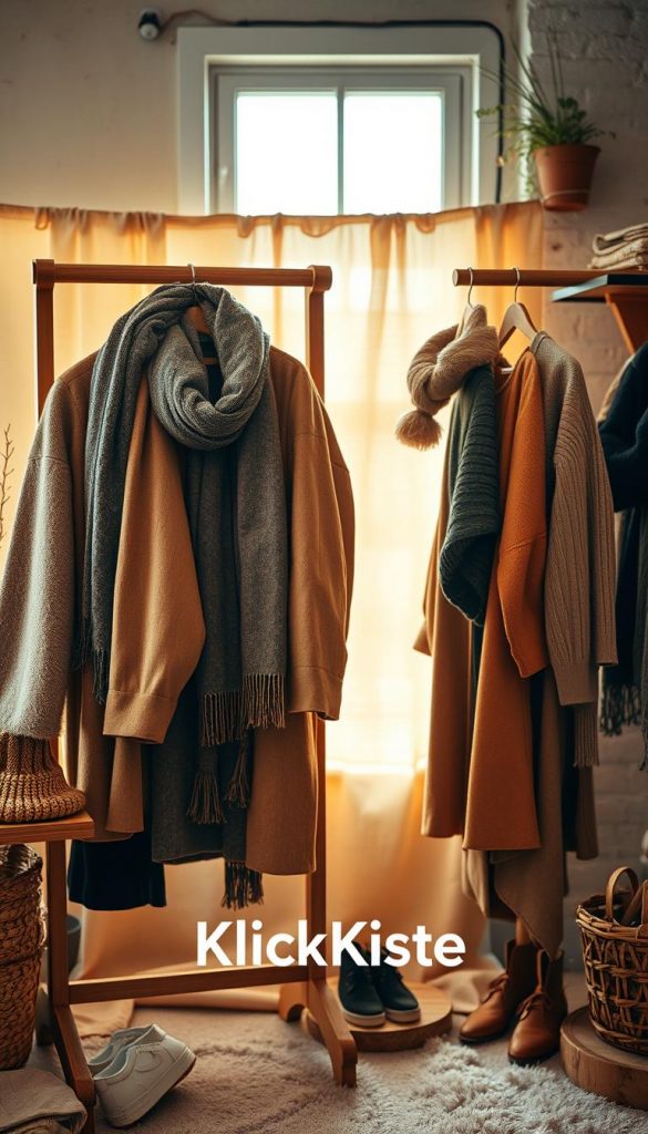 A cozy winter-themed scene featuring a stylish display of secondhand clothing. In the foreground, a wooden rack adorned with unique vintage coats, scarves, and sweaters in warm earthy tones, emphasizing sustainability and quality. The middle ground includes a gently lit backdrop with a softly glowing window, allowing warm natural light to highlight the textures of the fabrics. A few accessories like a handmade beanie and eco-friendly shoes on the side add a personal touch. The background shows a softly blurred, rustic wall with potted plants, showcasing a Pinterest-inspired aesthetic. The atmosphere is authentic and inviting, reflecting minimalism and DIY charm, inviting viewers to embrace a budget-friendly approach to winter fashion. Include the brand name "KlickKiste" subtly integrated within the scene.