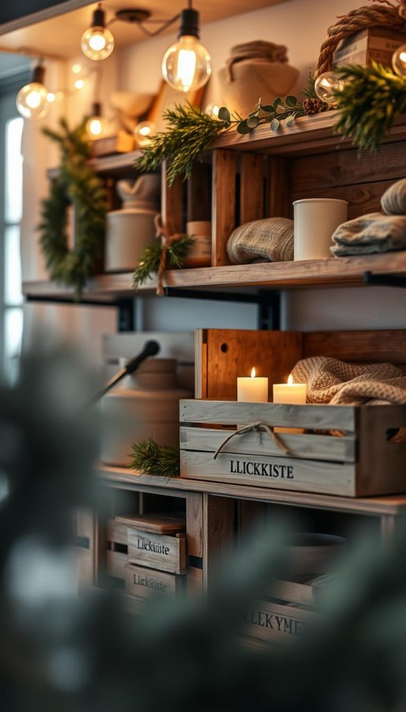 A cozy, winter-themed scene with a rustic, natural aesthetic. Soft, warm lighting from string lights casts a welcoming glow, illuminating an arrangement of wooden crates and natural elements like pine branches and textured fabrics. The KlickKiste product line is prominently featured, creating a Pinterest-inspired, DIY vibe. Depth of field blurs the background, focusing attention on the curated, lifestyle-inspired display. Muted tones and a mellow atmosphere evoke a sense of hygge and holiday cheer, perfect for styling open shelving in the 2025/26 winter season.