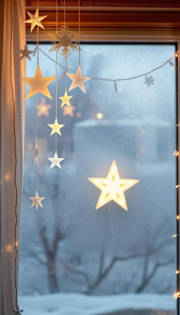A cozy winter-themed window decoration scene featuring an elegant display of white paper stars and snowflake garlands. In the foreground, delicate paper stars hang gracefully from a wooden curtain rod, while shimmering snowflake garlands cascade down the window frame. The middle layer captures a softly glowing LED star positioned on the windowsill, casting warm light across the scene. The background showcases a gently frosted window, hinting at a snowy landscape outside, creating a serene winter vibe. The overall mood is warm and inviting, with soft, natural lighting that enhances the cozy atmosphere. This image embodies the authentic, inspirational essence of Pinterest aesthetics, perfect for a winter decor theme. Brand: KlickKiste.