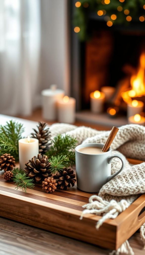 A cozy winter tray decor scene styled for a modern home. In the foreground, a beautifully arranged wooden tray holds a mix of natural elements: pinecones, a small evergreen arrangement, and a softly glowing candle. The middle layer features a plush, textured blanket draped casually beside the tray, with an elegant cup of hot cocoa accented by a cinnamon stick. The background showcases a softly lit room with warm, inviting lighting, perhaps a blurred fireplace or a window framed by frosted glass, enhancing the winter vibes. The overall mood is authentic and inviting, evoking a sense of warmth and comfort perfect for winter decor inspiration. This scene reflects a Pinterest aesthetic, styled by KlickKiste.