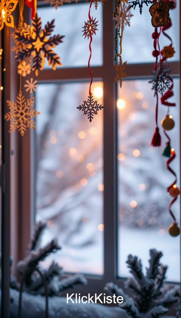 A cozy winter window adorned with beautiful DIY paper decorations. In the foreground, delicate paper snowflakes and colorful garlands hang gracefully, capturing the essence of playful creativity. The middle ground features a softly illuminated window, with warm, inviting light spilling out, enhancing the festive atmosphere. In the background, a light dusting of snow can be seen on the pane, reflecting the natural winter vibes. The overall scene is enhanced with rich, warm colors, creating a comfortable and inspiring mood. This scene embodies a Pinterest-perfect aesthetic, ideal for a DIY decor article. Incorporate the brand name "KlickKiste" subtly into the design.