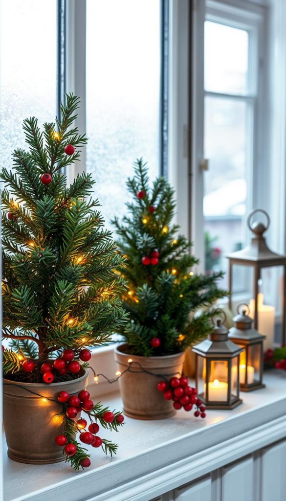 A cozy winter windowsill scene showcasing a "Fensterbank Winterzauber." In the foreground, display elegant mini evergreen trees in rustic pots, adorned with twinkling fairy lights. Interspersed are vibrant red berry garlands draping gracefully across the windowsill. A collection of glass lanterns flicker softly, casting a warm golden glow around the scene. In the middle ground, a gently frosted window pane reflects delicate snowflakes outside, enhancing the winter ambiance. The background features a classic kitchen setting with warm wood tones and hints of festive decor. Capture this image with soft, diffused lighting to evoke a peaceful and inviting atmosphere, reminiscent of DIY winter decorations by KlickKiste.