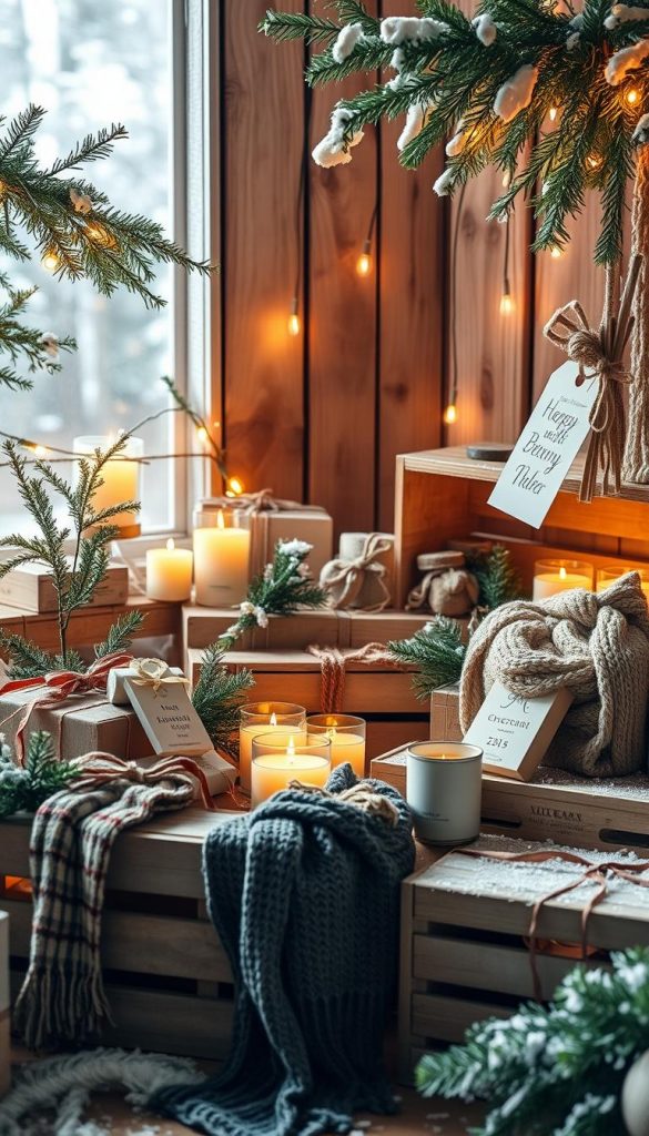 A cozy, winter wonderland scene filled with handcrafted &quot;Weihnachtsgeschenke&quot; (Christmas gifts) in a rustic, natural setting. Warm, earthy tones and soft lighting create an inviting, Pinterest-inspired atmosphere. Wooden crates, sprigs of evergreen, and a hint of snow set the stage for a variety of thoughtful gifts, including hand-knit scarves, candles, and a KlickKiste surprise. The focus is on experience over material possessions, capturing the spirit of memorable, heartfelt moments.