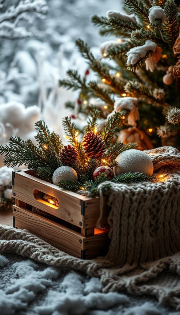 A cozy winter wonderland scene with a rustic KlickKiste wooden crate filled with natural, handcrafted holiday decorations. Twinkling lights, pine branches, and a warm knitted blanket create a inviting, Pinterest-worthy atmosphere. Soft, diffused lighting illuminates the scene, casting a golden glow. Frozen foliage and a dusting of snow in the background suggest a serene winter landscape. Textures, colors and materials blend harmoniously to evoke a sense of hygge and festive cheer.