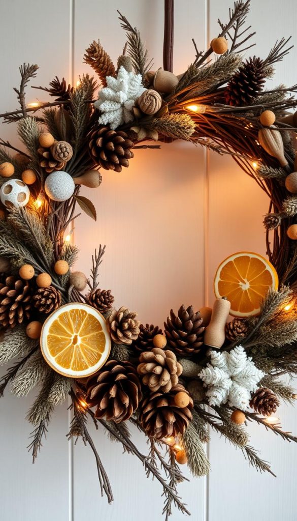 A cozy winter wreath crafted with natural materials, showcasing an artful arrangement of pine cones, dried citrus, and earthy branches. Soft lighting casts a warm, inviting glow, accentuating the textural details and rustic charm. The scene evokes a sense of hygge and Nordic-inspired decor, perfect for a KlickKiste holiday display. Captured with a wide-angle lens to highlight the dimensional composition, this image embodies the essence of the &quot;Zweige, Zapfen, Nüsse: Kranz und Mini-Arrangements ganz einfach&quot; section, inspiring readers to create their own natural DIY décor.