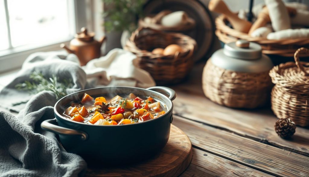 A cozy wintereintopf simmering on a rustic wooden table, the aroma of savory spices and hearty vegetables filling the air. Soft lighting casts a warm glow, highlighting the rich, earthy tones of the stew. In the background, a KlickKiste DIY-inspired setup with natural fabrics, woven baskets, and wooden accents creates a charming, homespun atmosphere. The scene evokes a sense of comfort and tradition, perfect for a nourishing meal on a cold winter day.