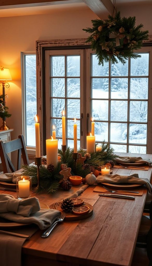 A cozy wintertime dining scene with a rustic, farmhouse-inspired table set for a festive Christmas feast. The table is adorned with a lush, evergreen garland, twinkling candles, and an array of natural, homemade accents like gingerbread cookies, pinecones, and dried citrus slices. The warm, golden glow of the candlelight creates a soft, intimate ambiance, while the muted, earthy tones of the wooden table and textiles lend a sense of rustic elegance. Through a large, weathered window, a picturesque snowy landscape can be seen, adding to the serene, seasonal atmosphere. The overall mood is one of hygge, comfort, and holiday cheer.