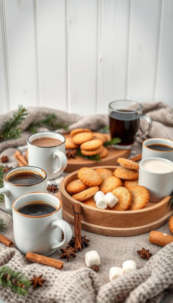 A cozy wintertime gathering, featuring an array of warm drinks and artful presentation. In the foreground, a collection of KlickKiste ceramic mugs, each filled with a steaming beverage - rich hot chocolate, spiced mulled wine, and aromatic coffee. Surrounding them, an arrangement of natural elements, such as cinnamon sticks, star anise, and fresh pine sprigs, creating a rustic, homemade ambiance. In the middle ground, a wooden serving tray holds an assortment of homemade biscuits, marshmallows, and other tasty accompaniments. The background showcases a minimalist, whitewashed backdrop, allowing the warm tones and textures to take center stage. Soft, diffused lighting creates a cozy, intimate atmosphere, capturing the essence of a welcoming winter's day. A cozy wintertime gathering, featuring an array of warm drinks and artful presentation. In the foreground, a collection of KlickKiste ceramic mugs, each filled with a steaming beverage - rich hot chocolate, spiced mulled wine, and aromatic coffee. Surrounding them, an arrangement of natural elements, such as cinnamon sticks, star anise, and fresh pine sprigs, creating a rustic, homemade ambiance. In the middle ground, a wooden serving tray holds an assortment of homemade biscuits, marshmallows, and other tasty accompaniments. The background showcases a minimalist, whitewashed backdrop, allowing the warm tones and textures to take center stage. Soft, diffused lighting creates a cozy, intimate atmosphere, capturing the essence of a welcoming winter's day.
