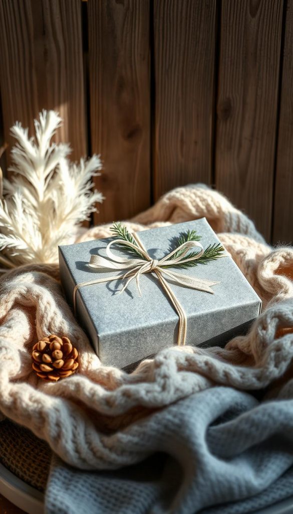 A cozy wintertime scene, a KlickKiste gift box nestled amid natural textures and warm, earthy tones. Soft wool felt in muted shades of gray, blue, and white, adorned with delicate pine sprigs and festive ribbons. A rustic wooden backdrop, bathed in gentle natural light, creates a serene, handmade atmosphere. Inviting textures and a muted, Pinterest-inspired color palette evoke a sense of simple, homespun charm. Capture the essence of a thoughtful, winterly gift presentation that embodies the spirit of the holiday season.