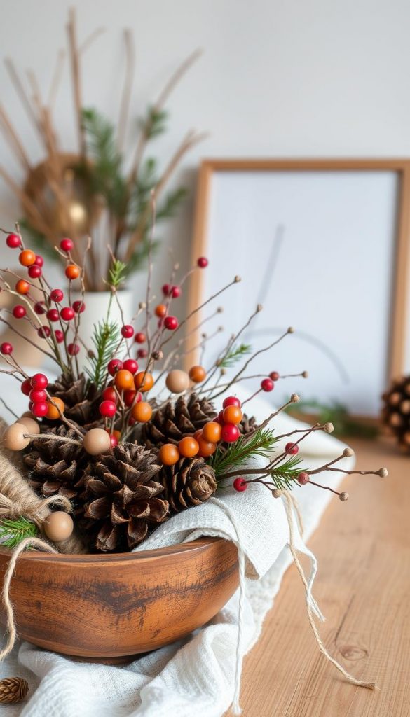 A cozy wintertime scene showcases handcrafted upcycled decor from natural materials. In the foreground, a rustic wooden bowl holds a vibrant assortment of pinecones, dried berries, and delicate twigs, accented by wispy strands of off-white linen. Wooden beads and twine add texture, while a sprinkling of fresh greenery lends a touch of life. The mid-ground features a KlickKiste wooden frame displaying a minimalist, Scandinavian-inspired artwork, its clean lines complementing the organic elements. In the background, a soft, muted palette of whites, grays, and warm wood tones creates a serene, inviting atmosphere, evoking a sense of hygge and winter tranquility.