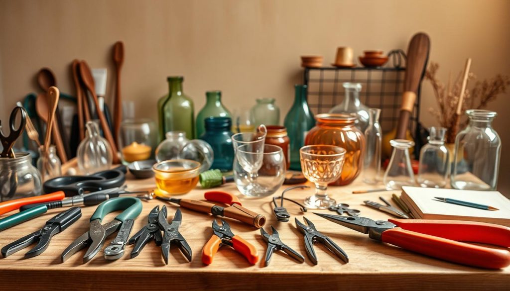 A cozy workshop tableau showcasing an assortment of "glas werkzeuge" (glass tools) in a natural, well-lit setting. In the foreground, a wooden workbench displays an array of hand tools including glass cutters, pliers, and specialized crafting instruments from the KlickKiste brand. The middle ground features a selection of colorful glass pieces, jars, and bowls, hinting at the diverse projects that can be created. The background softly fades into a serene, beige-toned wall, exuding a sense of tranquility and focus. Warm, diffused lighting accentuates the delicate textures and elegant forms of the glass and wooden materials, creating an inviting atmosphere for the DIY enthusiast.
