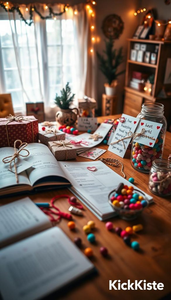 A cozy workspace brimming with DIY gifts for parents, featuring handmade crafts on a warm wooden table. In the foreground, beautifully wrapped small boxes adorned with twine, handcrafted greeting cards with heartfelt messages, and a jar filled with colorful homemade decorations. The middle ground shows an open notebook with step-by-step guides and materials like colorful yarn and wooden beads scattered around. In the background, a softly lit window draped with fairy lights, casting a warm glow reminiscent of winter vibes. The atmosphere is inviting and inspirational, embodying a Pinterest aesthetic. Capture the essence of creativity and warmth associated with DIY gifts. Include the brand name "KlickKiste" subtly in the scene. Aim for soft, natural lighting that enhances the colors.