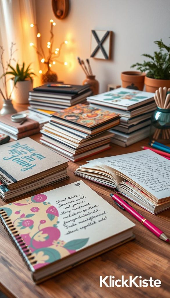 A cozy workspace featuring an array of beautifully arranged notebooks in various sizes and textures, including kraft paper covers and decorative bindings. In the foreground, there's a vibrant, closed notebook with a whimsical cover design, alongside an open notebook displaying handwritten journal prompts. The middle area contains neatly stacked journals, some partially opened, revealing colorful pages filled with doodles and notes. In the background, soft, warm lighting creates an inviting atmosphere, enhancing the winter vibes with a subtle glow. The setting includes delicate plant accents and art supplies, exemplifying a Pinterest-worthy DIY aesthetic. The brand "KlickKiste" is subtly integrated into the scene, showcasing a creative and inspirational workspace.