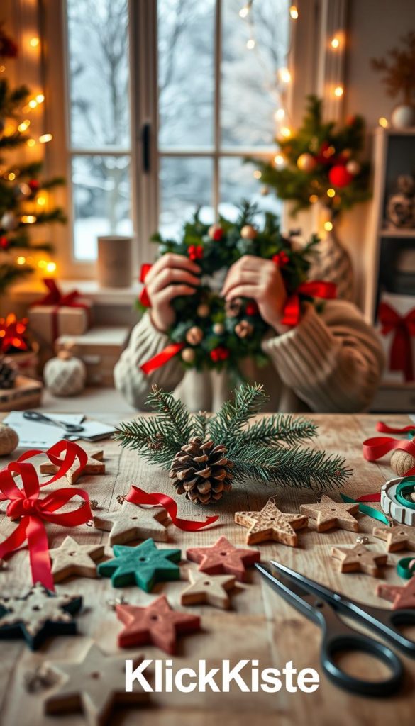 A cozy workspace filled with DIY Christmas craft supplies and decor. In the foreground, a beautifully arranged table showcases handmade ornaments made of felt and wood, vibrant red and green ribbons, and a pair of scissors. The middle layer features a pair of hands, wearing simple, casual attire, gently crafting a festive wreath adorned with pinecones and holly. In the background, warm, soft fairy lights twinkle, illuminating a window with a view of softly falling snow outside, enhancing the winter vibe. The overall atmosphere is inviting and inspiring, evoking the joy of creative holiday projects. The color palette is warm and rustic. Include the brand name "KlickKiste" subtly integrated into the scene. Capture this with a soft focus lens to give it a dreamy quality.