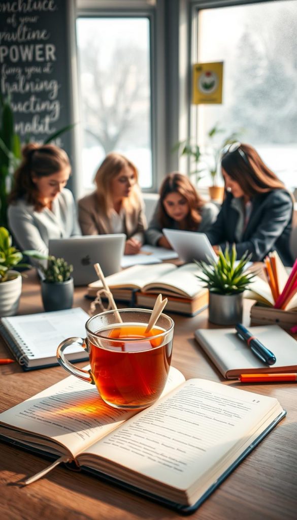 A cozy workspace filled with natural light, showcasing a beautifully arranged desk with productivity tools like a journal, planner, and colorful stationery. In the foreground, a steaming cup of herbal tea rests on an open book, embodying a warm and inviting atmosphere. The middle features a diverse group of professionals in modest business attire, engaged in brainstorming and collaboration, reflecting the concept of &quot;Pavlina-Power-Habits.&quot; They are surrounded by plants and inspiring quotes on the walls. The background hints at a winter landscape through frosted windows, enhancing the seasonal vibe. The overall mood is warm, inviting, and motivational, emblematic of self-improvement and creativity. Capture this with soft lighting and a slight depth of field to emphasize the foreground, ensuring the brand name &quot;KlickKiste&quot; is subtly integrated into the scene without any text.