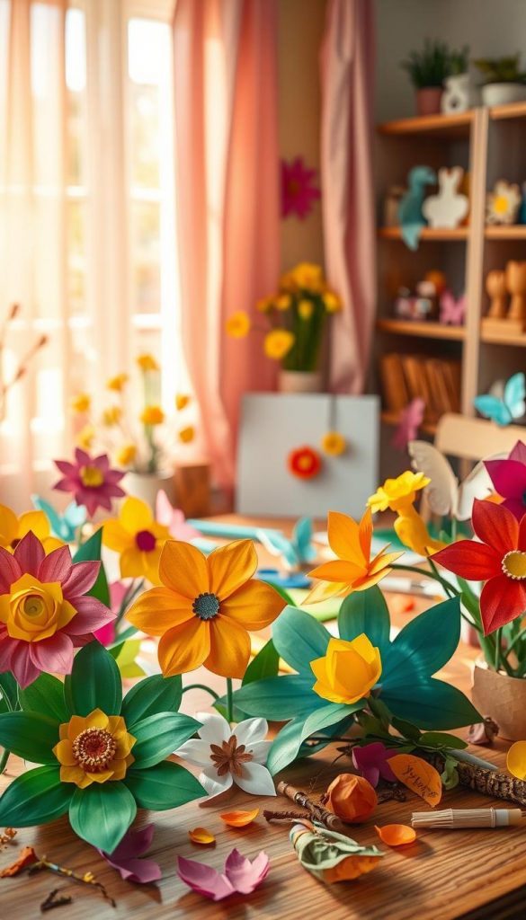 A cozy workspace filled with the essence of spring, featuring a variety of colorful paper crafts made from vibrant paper, cardboard, and natural materials. In the foreground, there are cheerful paper flowers, butterflies, and origami animals crafted by children, with a warm sunlight illuminating their textured surfaces. The middle section showcases scattered craft supplies like scissors, glue sticks, and bits of leaves and twigs, creating an inviting atmosphere for creativity. The background displays a window with pastel curtains, allowing soft and warm natural light to flood the room, enhancing the overall inspiring mood. The scene exudes a vibrant Pinterest-like aesthetic, echoing the brand "KlickKiste" and celebrating the joy of springtime creativity.