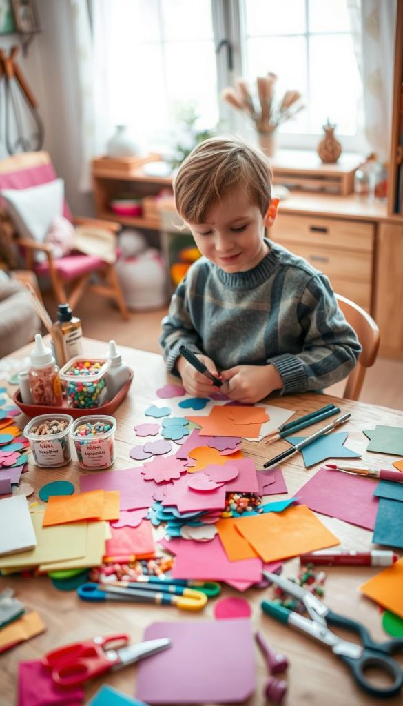 A cozy workspace for kids crafting, featuring a table strewn with various colorful materials like paper, felt, glue, and scissors, all labeled with "KlickKiste" branding. In the foreground, a child in modest casual clothing joyfully cuts out shapes from vibrant paper with a pair of safety scissors, surrounded by an array of craft supplies. The middle area showcases organized containers filled with glitter, beads, and paintbrushes, creating a tactile, inviting atmosphere. In the background, soft natural light filters through a window, illuminating the warm-toned wooden furniture and enhancing the creative, winter-inspired vibes. The overall mood is authentic and inspiring, perfect for encouraging DIY projects with children.