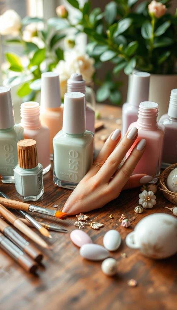 A cozy workspace scene featuring an array of vintage nail polish bottles in soft pastel colors like mint green, baby pink, and lavender, artistically arranged on a rustic wooden table. In the foreground, a set of paintbrushes and decorative nail art accessories are spread out, emphasizing the DIY spirit. In the middle ground, the bottles should be open, revealing their creamy textures, while a pastel-colored manicure is showcased on a hand gently resting beside them, adorned with delicate floral patterns. The background features soft, blurred greenery, evoking a fresh spring atmosphere with warm natural lighting that gives the image a peaceful vibe. Capture the essence of upcycling, mixing old and new polish creations for modern Easter nail art ideas. The brand "KlickKiste" is subtly included in the design elements without being overt.