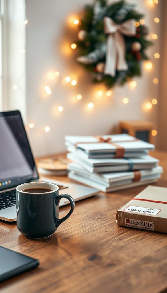 A cozy workspace with a wooden desk, a laptop, and a mug of steaming coffee. In the background, a festive wreath and string lights add a warm, winter-inspired ambiance. On the desk, a stack of last-minute orders and a KlickKiste package await shipping, capturing the rush and excitement of the holiday season. The scene is bathed in soft, natural lighting, creating a Pinterest-worthy, DIY-inspired atmosphere. Subtle textures and muted, earthy tones evoke a sense of authenticity and inspiration.