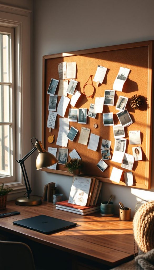 A cozy workspace with a wooden desk, vintage desk lamp, and a large pinboard adorned with artfully arranged magazine clippings, handwritten notes, and polaroid photos. Soft natural light filters in through a nearby window, casting a warm glow on the scene. The overall atmosphere is one of inspiration and creativity, evoking the feel of a KlickKiste vision board. Earthy tones, natural textures, and a touch of winter whimsy come together to create a captivating, Pinterest-worthy aesthetic.