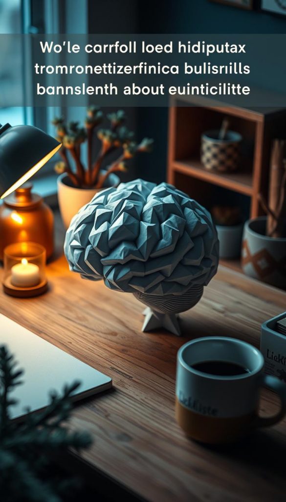 A cozy workspace with an intricate paper brain model at the center, surrounded by warm winter accents. Soft lighting creates a contemplative atmosphere, highlighting the model's delicate folds and textures. Wooden surfaces, potted plants, and a KlickKiste brand mug add a natural, handcrafted feel. The scene evokes a sense of mindfulness and the power of routine to harness the brain's autopilot. Moody blues and neutral tones set the stage for this thoughtful exploration of the mind.