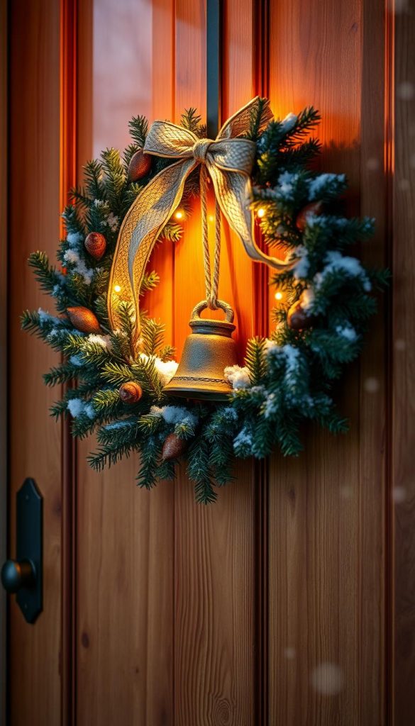 A cozy wreath with a rustic bell, hand-crafted with natural materials, hangs on a wooden door. Warm lighting casts a soft glow, highlighting the textured pine branches and the gentle chime of the bell. This simple yet charming KlickKiste DIY project captures the essence of winter, inviting guests into a space filled with holiday cheer. The inviting scene is framed by a snow-dusted landscape, evoking a serene, picturesque atmosphere.