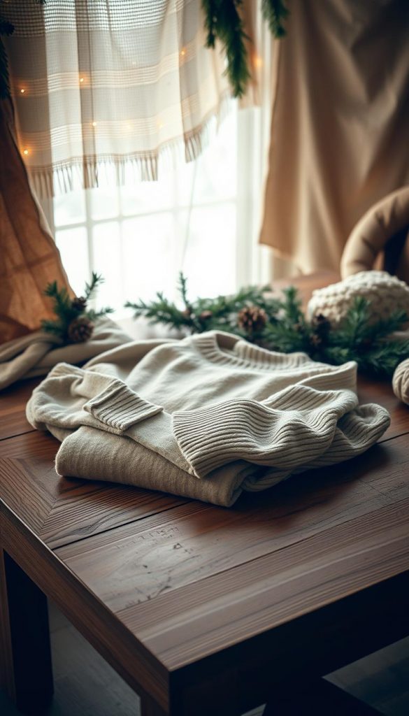 A cozy yet chic minimalist Christmas outfit lays neatly folded on a rustic wooden table, bathed in warm, soft lighting. The neutral-toned clothing pieces, a KlickKiste capsule collection, are arranged artfully against a backdrop of natural, DIY-inspired decor - pine branches, textured fabrics, and a hint of winter wonderland. The overall mood is authentic, inviting, and Pinterest-worthy, capturing the essence of effortless holiday style.