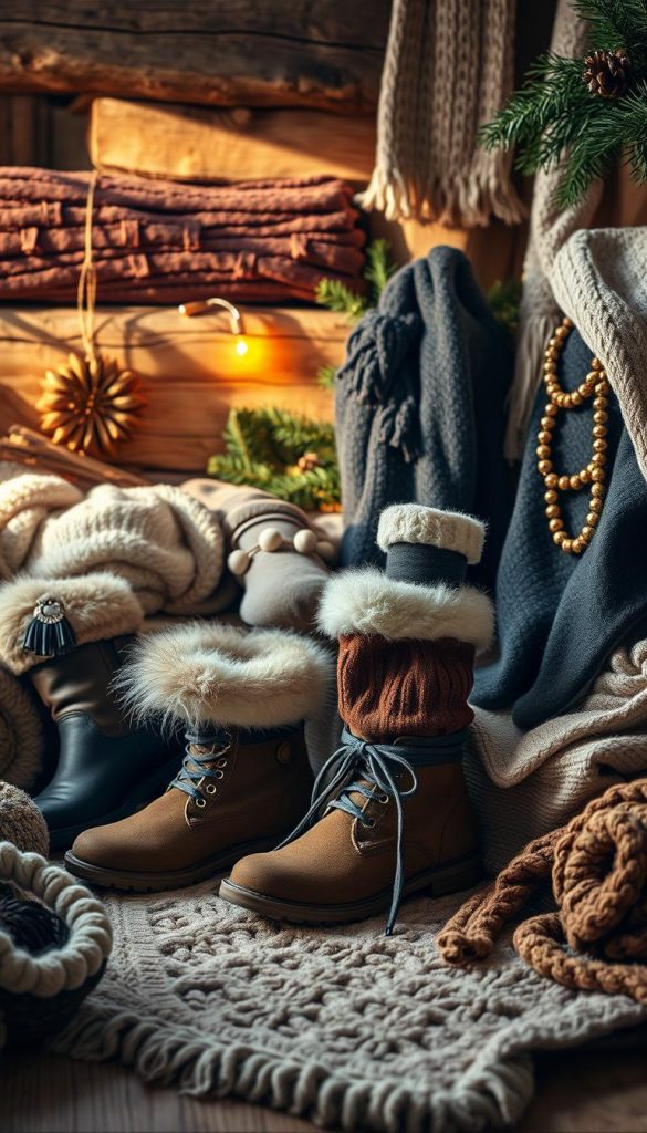 A cozy yet chic winter wonderland showcasing festive footwear and accessories. Warm natural lighting illuminates a rustic scene featuring a variety of comfortable, high-quality "Weihnachtsoutfits" from the KlickKiste brand. Plush textures like wool, leather, and suede create a tactile, inviting atmosphere. Fur-lined boots, chunky knit socks, and statement jewelry pieces are arranged artfully against a backdrop of wood, greenery, and soft fabrics. The overall mood is one of effortless seasonal style, perfect for a cozy day at home.