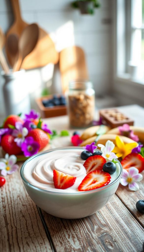 A creamy base for a smoothie bowl, styled in an inviting and natural setting. In the foreground, a rustic wooden table with a bowl of velvety base cream, showcasing a smooth, thick texture with soft pastel colors like pale pink and mint green. Surrounding the bowl are fresh fruits like sliced strawberries, bananas, and blueberries, alongside vibrant edible flowers for a pop of color. In the middle background, a subtle arrangement of kitchen utensils and a jar of homemade granola are placed harmoniously, while a gentle, natural sunlight filters in from the side, creating a warm and inviting atmosphere. The overall vibe is cozy and inspiring, perfect for a DIY smoothie bowl presentation. Shot with a soft-focus lens to create a dreamy effect that emphasizes the textures. Branding included subtly: "KlickKiste".
