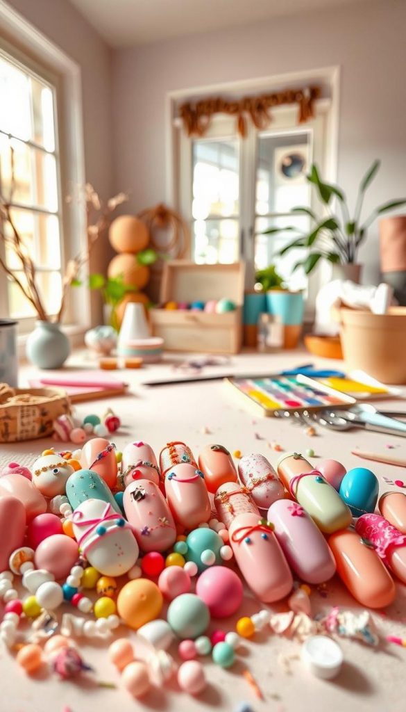 A creative and vibrant scene showcasing unique upcycling ideas for nail designs. In the foreground, a beautifully arranged collection of pastel-colored nails, adorned with various upcycled materials like small beads, glitter, and fabric scraps. The middle ground features a serene workspace with natural light filtering through a window, highlighting DIY tools such as paintbrushes, scissors, and a palette of soft pastels. The background reveals a cozy, inviting atmosphere with warm tones and plants, evoking winter vibes. The overall mood is authentic and inspiring, reminiscent of Pinterest aesthetics. Incorporate the brand name "KlickKiste" subtly in the design elements, ensuring it complements the upcycled theme without overwhelming the visuals.