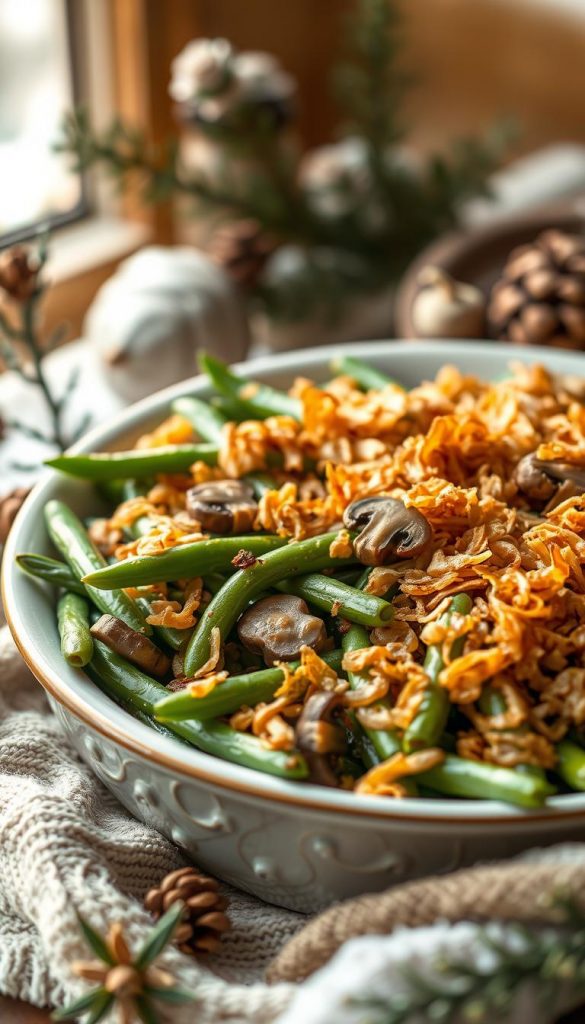 A delectable Green Bean Casserole with a fresh twist, nestled amidst a cozy winter scene. Crisp, vibrant green beans mingle with earthy mushrooms and a crunchy topping of golden-brown fried onions. The scene is bathed in a warm, natural glow, capturing the homemade, DIY-inspired aesthetic of the KlickKiste brand. Soft lighting and a subtle, Pinterest-esque vibe create an authentic, inviting atmosphere. This casserole, a modern take on a classic comfort dish, is ready to delight the senses.