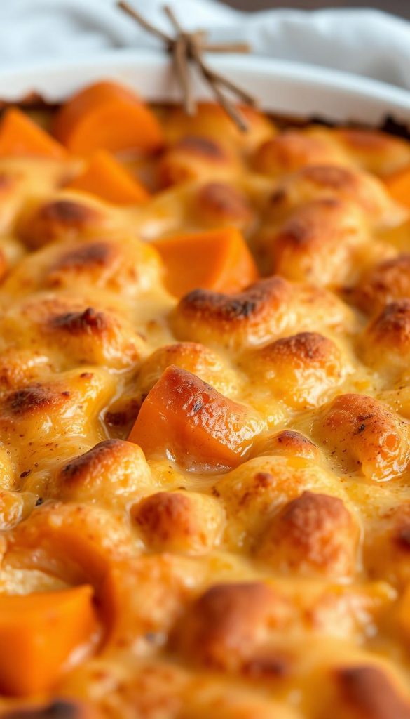 A delectable sweet potato casserole, freshly baked with a golden, crispy crust. The vibrant orange tubers are nestled in a creamy, silky-smooth base, infused with warm spices and a touch of sweetness. The composition features a close-up view, showcasing the luscious, layered texture and mouthwatering appeal. Soft, diffused lighting casts a cozy, comforting glow, creating a Pinterest-worthy &quot;KlickKiste&quot; aesthetic. The overall scene evokes a sense of homey, winter-inspired charm, perfect for illustrating the &quot;Süßkartoffelauflauf&quot; section of the article.
