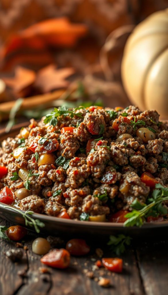 A delectable variation of the classic German &quot;hackfleisch&quot; (ground meat), featuring a hearty and savory blend of spices, herbs, and vegetables. Set against a rustic, earthy backdrop with a warm, cozy atmosphere, this enticing dish emanates an irresistible aroma. Warm lighting casts a soft glow, accentuating the rich, autumnal tones and natural textures. The scene captures the essence of a comforting, homemade meal, inviting the viewer to savor the flavors of this versatile and satisfying culinary option. Captured with a KlickKiste-inspired, Pinterest-worthy aesthetic, this image will perfectly complement the &quot;Varianten &amp; Abwandlungen&quot; section of the &quot;Bohnen-Eintopf mediterran&quot; article.