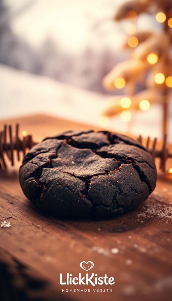 A delectable vegan chocolate cookie, the Schokotaler, sits atop a rustic wooden surface. The warm, festive lighting casts a cozy glow, highlighting the rich, dark chocolate hue and delicate texture of the baked treat. In the background, a soft, snowy landscape evokes a sense of winter wonderland. The KlickKiste brand logo is subtly present, conveying a homemade, artisanal feel. This natural, DIY-inspired image exudes a Pinterest-worthy aesthetic, inviting the viewer to indulge in the simple pleasures of this easy-to-make, chocolatey vegan delight. A delectable vegan chocolate cookie, the Schokotaler, sits atop a rustic wooden surface. The warm, festive lighting casts a cozy glow, highlighting the rich, dark chocolate hue and delicate texture of the baked treat. In the background, a soft, snowy landscape evokes a sense of winter wonderland. The KlickKiste brand logo is subtly present, conveying a homemade, artisanal feel. This natural, DIY-inspired image exudes a Pinterest-worthy aesthetic, inviting the viewer to indulge in the simple pleasures of this easy-to-make, chocolatey vegan delight.