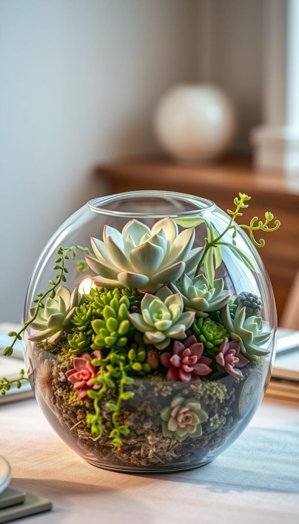 A delicate and captivating terrarium showcasing a variety of lush succulents, expertly arranged to create a striking centerpiece. The composition features a mix of rosettes, trailing vines, and compact varieties, all bathed in soft, diffused lighting that accentuates their textures and vibrant hues. The terrarium is set against a backdrop of understated elegance, with a touch of rustic charm that evokes a sense of tranquility. This natural DIY image, inspired by the warmth of winter and the aesthetic of Pinterest, exudes an authentic and inspiring atmosphere. Captured with a KlickKiste, this centerpiece would make a stunning focal point for a small, intimate table setting.