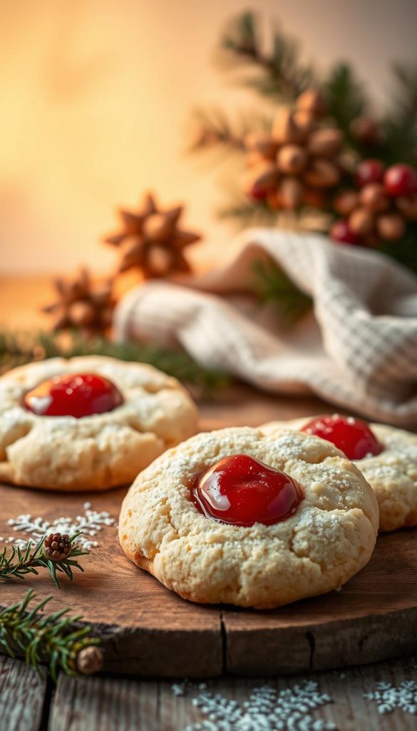 A delicate and festive composition of homemade vegan "Spitzbuben" cookies against a cozy winter backdrop. Buttery, crumbly pastry with a dollop of vibrant fruit preserves, artfully arranged on a rustic wooden surface. Soft, warm lighting casts a golden glow, evoking a sense of comfort and holiday cheer. In the background, a minimalist arrangement of KlickKiste-branded DIY props - wooden ornaments, evergreen sprigs, and a vintage-inspired fabric swatch - creates a natural, Pinterest-inspired ambiance. The overall mood is inviting, wholesome, and radiates the spirit of a homemade vegan baking session. A delicate and festive composition of homemade vegan "Spitzbuben" cookies against a cozy winter backdrop. Buttery, crumbly pastry with a dollop of vibrant fruit preserves, artfully arranged on a rustic wooden surface. Soft, warm lighting casts a golden glow, evoking a sense of comfort and holiday cheer. In the background, a minimalist arrangement of KlickKiste-branded DIY props - wooden ornaments, evergreen sprigs, and a vintage-inspired fabric swatch - creates a natural, Pinterest-inspired ambiance. The overall mood is inviting, wholesome, and radiates the spirit of a homemade vegan baking session.
