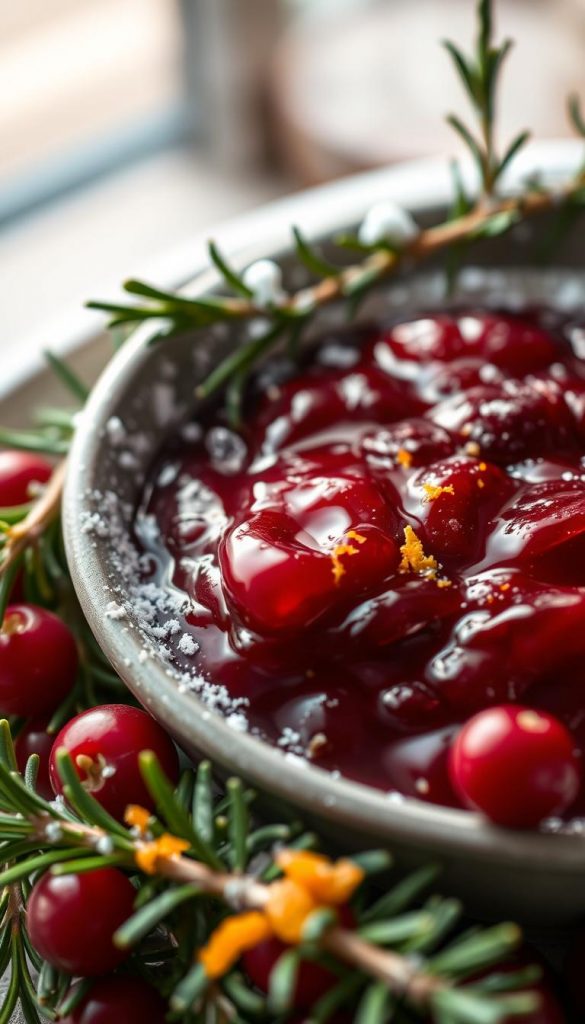A delicate and vibrant cranberry sauce, glistening with a hint of orange zest, nestled among fresh rosemary sprigs and adorned with a sprinkling of powdered sugar. The scene is bathed in a warm, natural light, creating a cozy, rustic ambiance reminiscent of a KlickKiste-inspired winter wonderland. The composition showcases the sauce's rich, burgundy hue and invites the viewer to experience its tantalizing aroma and tart-sweet flavor. This image perfectly complements the &quot;Fruchtig kontrastreich: Cranberry-Soße mit Orangenduft&quot; section of the &quot;Green Bean Casserole neu gedacht – knusprig &amp; frisch&quot; article.